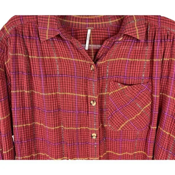 Free People Break Red / Orange Plaid My Stride Button Up /Down Long Sleeve Top S - Picture 7 of 11
